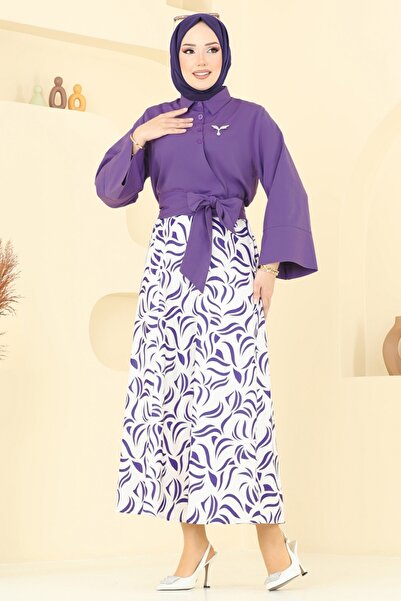 ModaMerve Beli Bağlamalı Etekli Takım 262ASN888-MS Mor
