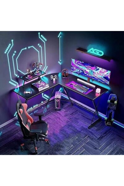 AGD Corner Desk L-Shaped for Computer, Home, Gaming, Writing, Black, Metal