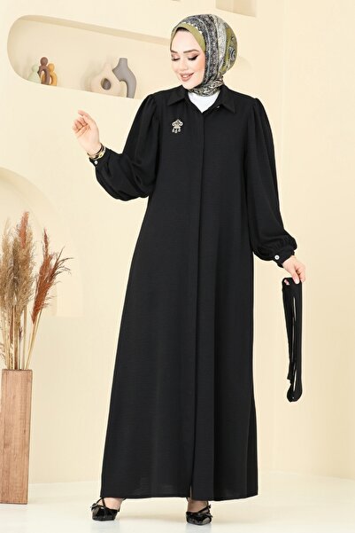 ModaMerve Gizli Düğmeli Elbise Ferace 0037BG354-MS Siyah