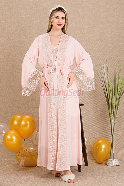 quilling Pembe Renk Dantel Detaylı 33501 Sabahlıklı 2li Hamile Gecelik Takım Set