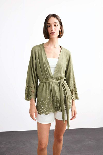 DeFacto Fitted Wrinkle Brode Tie-Up Long Sleeve Blouse G0283Ax25Sm