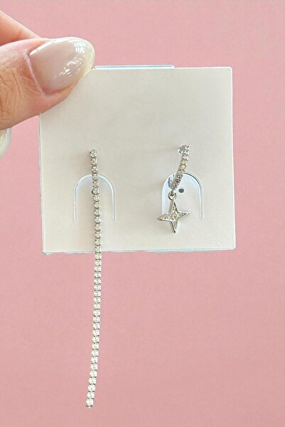 TAKIŞTIR Silver Color Star Figured Stone Detailed Earrings (Pair)