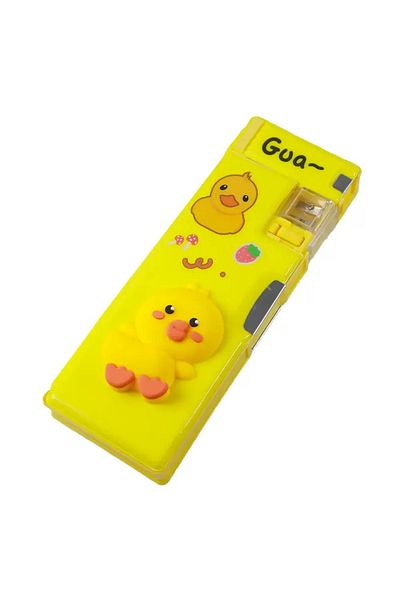 Generic Duck Printed Pencil Box - Yellow | Multifunctional Storage with Inbuilt Dual Sharpener for Kids