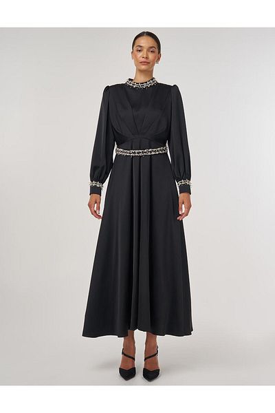 Kayra Draped Embroidered Satin Dress Black