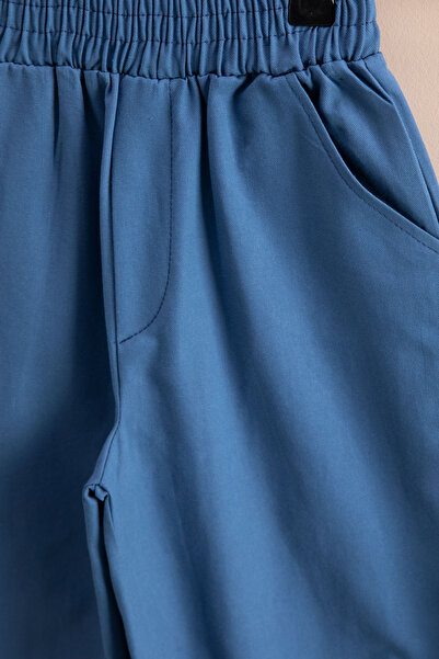 Cansın Mini Indigo Stripe Patterned Polo Collar Buttoned Boy's Shorts 2 Piece Set 21116