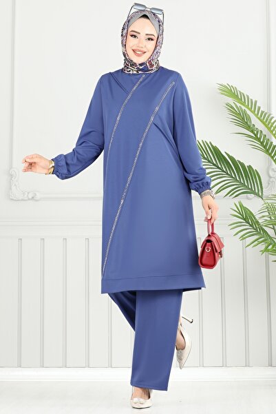 ModaMerve Önü Taşlı Tesettür Takım 427DVL817-MS İndigo