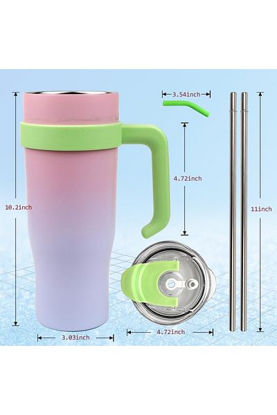 vgt Tumbler with Handle and Flip Straw, Stainless Steel with Lids