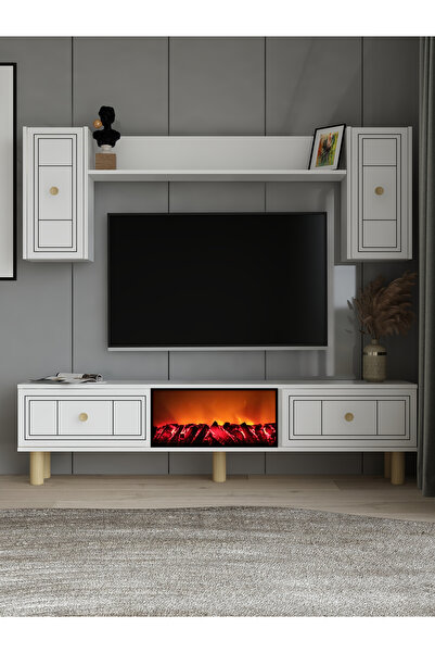 DEMONTE DECOR Dariodd Bohem Şömineli (A) Tv Ünitesi Takımı Beyaz-Beyaz