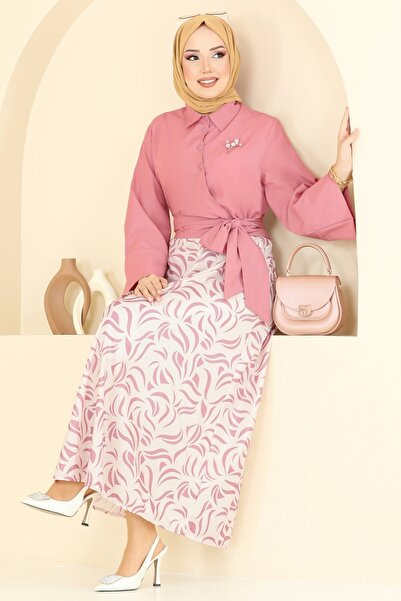 ModaMerve Beli Bağlamalı Etekli Takım 262ASN888-MS Koyu Gül Kurusu
