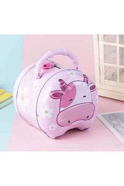Coverzone Cute Cow Design Metal Locked Piggy Bank Decorative Gift Home Ornament Pink Color