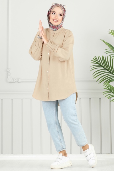 ModaMerve Pilise Detay Keten Tunik 4033TEG847-MS Vizyon