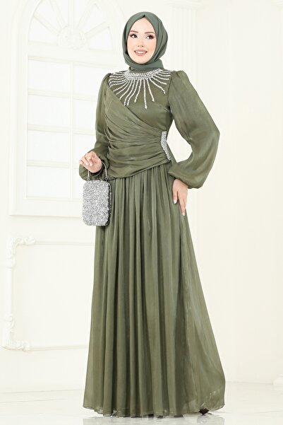 ModaMerve SUAL Önü Taşlı Organze Abiye 6238LPN858-MS Haki