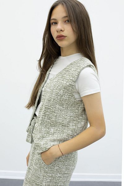 Cansın Mini Green Buttoned Vest and Wide Leg Belted Trousers Girl's 2 Piece Set 21010