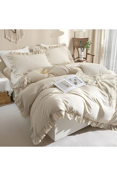 METİNEV Cream Color Ruffled Cotton Satin Duvet Cover Set – Double – Skin Friendly
