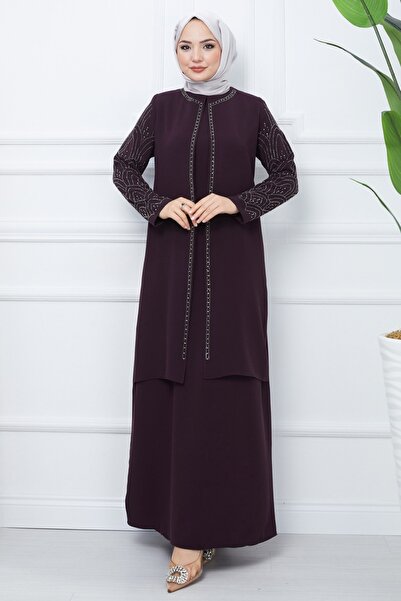 ModaMerve Taşlı Petek Kumaş Abiye Elbise 2003OZT1013-MS Mor