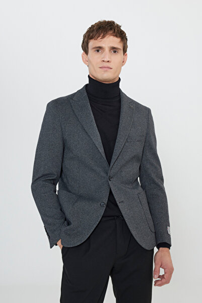 ALTINYILDIZ CLASSICS Erkek Siyah Pamuklu Slim Fit Dar Kesim Kırlangıç Yaka Diagonal Desenli Blazer Ceket