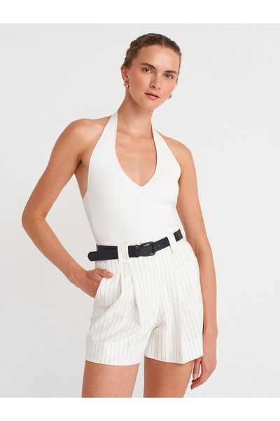 Dilvin 10794 Halter V-Neck Basic Blouse-White