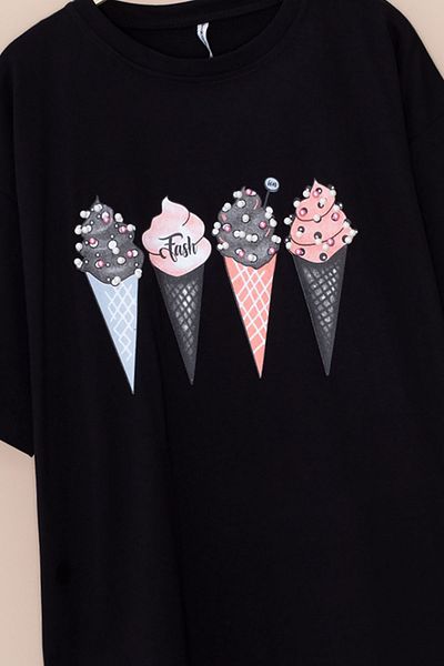 Cansın Mini Black Ice Cream Printed Stone Girl's Short Sleeve Oversize T-Shirt 20797