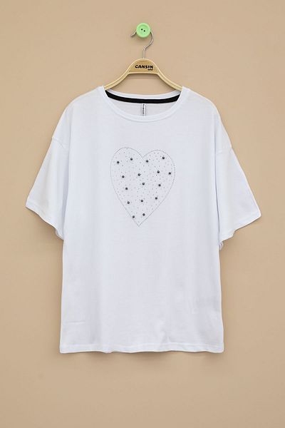Cansın Mini Ecru Sequined Heart Patterned Short Sleeve Girl's Oversize T-Shirt 20791