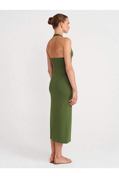 Dilvin 91476 Halter Neck Midi Dress-Dark Khaki