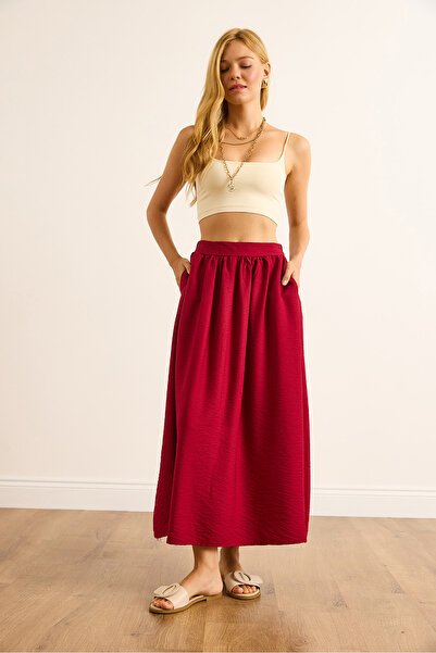 Olalook Women's Red Pocketed Flowy Long Ayrobin Skirt Etk-19000345