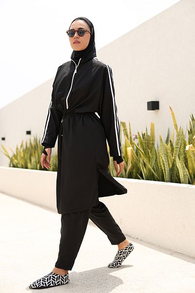 BAE SWIMWEAR Hayaa+ Black with White Stripes Knee-Length Burkini