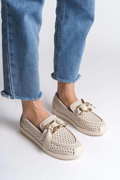 KÖMEN Lydia Laceless Orthopedic Comfortable Sole Heart Patterned Women's Ballerina Shoes Kt - Cream