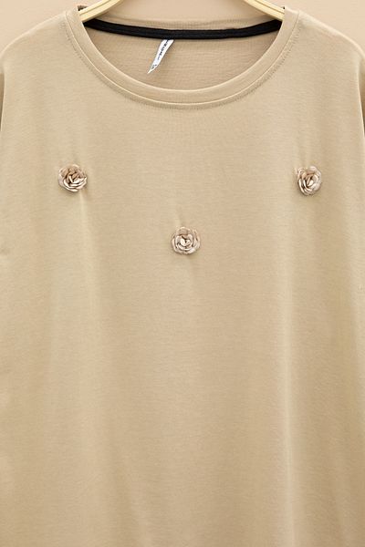 Cansın Mini Beige Rose Embroidery Detailed Short Sleeve Girl's Oversize T-Shirt 20807