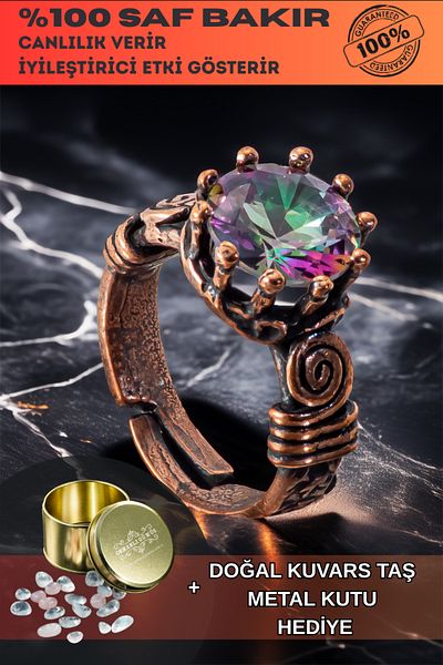 OSMANLI GÜMÜŞ Women's Copper Ring - Mystic Topaz Tree Bark Model Thin Metal Box Quartz Stone Ring