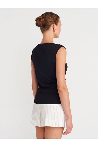 Dilvin 10778 Boat Neck Draped Slim Knitwear Blouse-Black