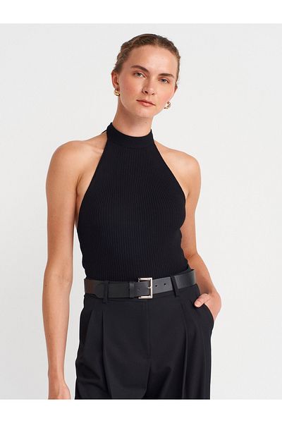 Dilvin 10798 Halter Tie Collar Ribbed Knitwear Blouse-Black