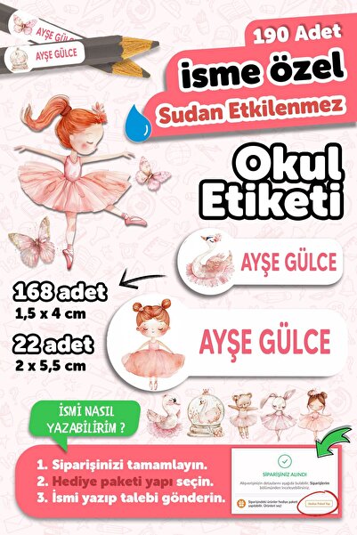 MSticker Okul Etiketi Kalem Defter isimli Etiket Isim Yazılabilen Balerin - 1...