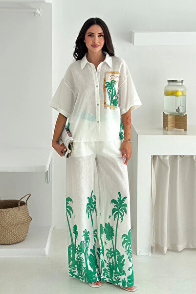 AsprinFashion Linen Fabric Palm Printed Pocket Stone Detailed Suit Green