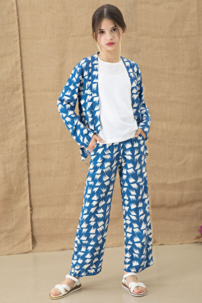 Cansın Mini Blue Patterned Blouse and Wide Leg Trousers Girl's 3 Piece Set 20760
