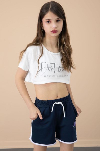 Cansın Mini Navy Blue Side Slit Flower Printed Girl's Shorts with Elastic Waist 20735