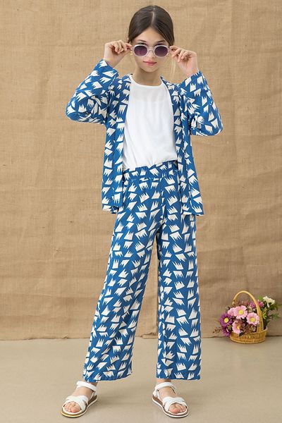 Cansın Mini Blue Patterned Blouse and Wide Leg Trousers Girl's 3 Piece Set 20760