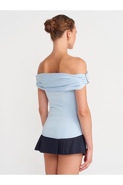 Dilvin 10797 Bardot Collar Metal Detailed Knitwear Blouse-Blue