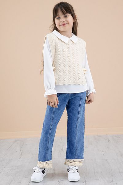Cansın Mini Blue Jean Pants and Lace Sweater Girl's 3 Piece Set 20691