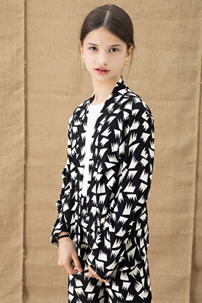 Cansın Mini Black Patterned Blouse and Wide Leg Pants Girl's 3 Piece Set 20762