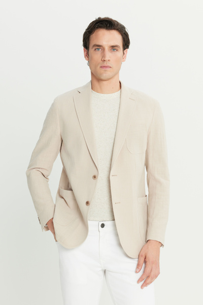 AC&Co / Altınyıldız Classics Ανδρικό μπεζ 100% βαμβακερό μπλέιζερ με λεπτή εφαρμογή μονό γιακά με τσέπη