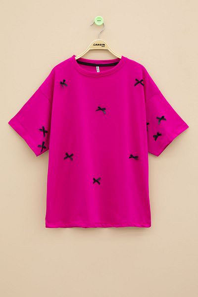 Cansın Mini Fuchsia Bow Embroidered Short Sleeve Girl's Oversize T-Shirt 20801