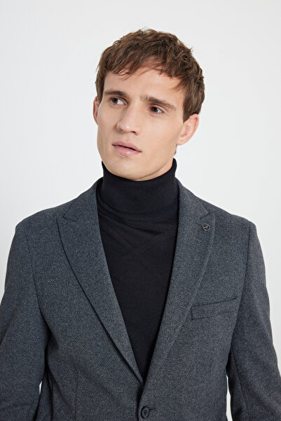 ALTINYILDIZ CLASSICS Erkek Siyah Pamuklu Slim Fit Dar Kesim Kırlangıç Yaka Diagonal Desenli Blazer Ceket