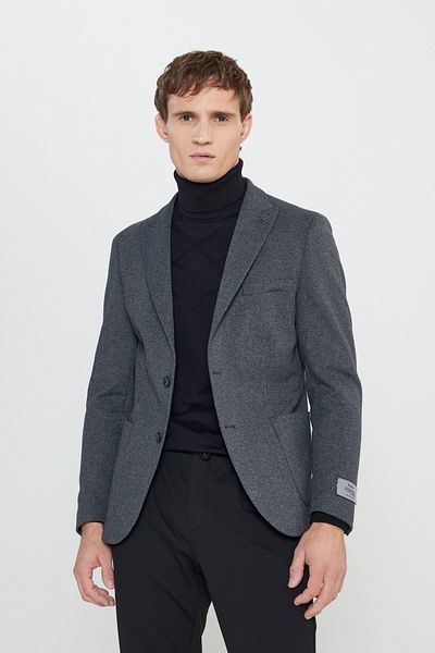 ALTINYILDIZ CLASSICS Men's Black Cotton Slim Fit Slim Fit Swallow Collar Diagonal Pattern Blazer Jacket