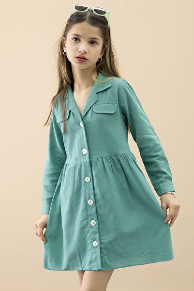 Cansın Mini Yeşil Düğme Kapamalı Kız Çocuk Kapak Detaylı Uzun Kol Elbise 20699