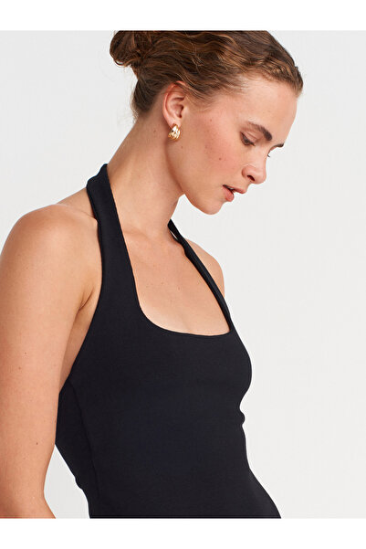 Dilvin 91510 Halter Yaka Midi Elbise-Siyah