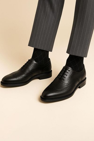 Deriderim Classic Black Genuine Leather Brogue Men's Shoes