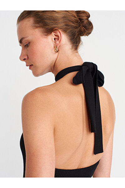 Dilvin 10798 Halter Bağlamalı Yaka Fitilli Triko Bluz-Siyah