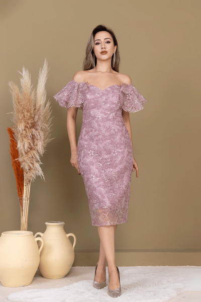 BEYBOS İşleme Dantel Kumaş Kayık Yaka Kalem Elbise - PUDRA