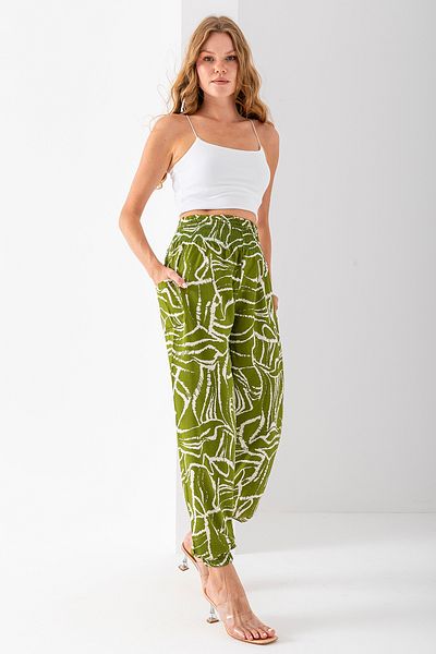 GİYSA Women's Ethnic Patterned Double Pocket Shalwar Trousers Light Green - 2460