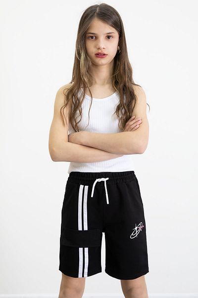 Cansın Mini Black Elastic Waist Stripe Detailed Girl's Shorts 20749
